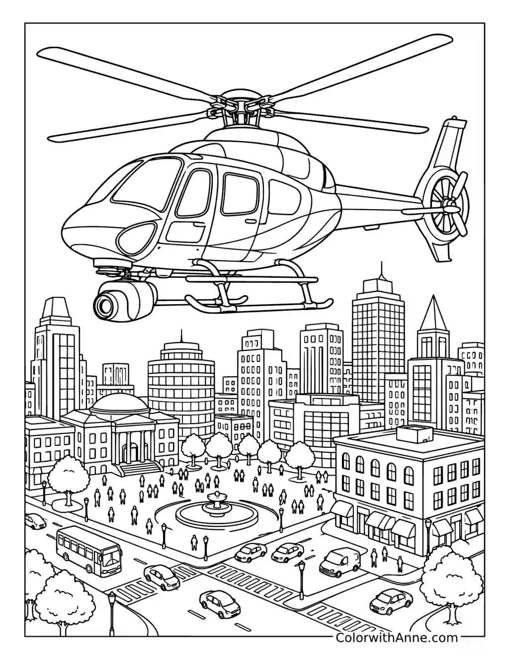 News Helicopter Above the City coloring page