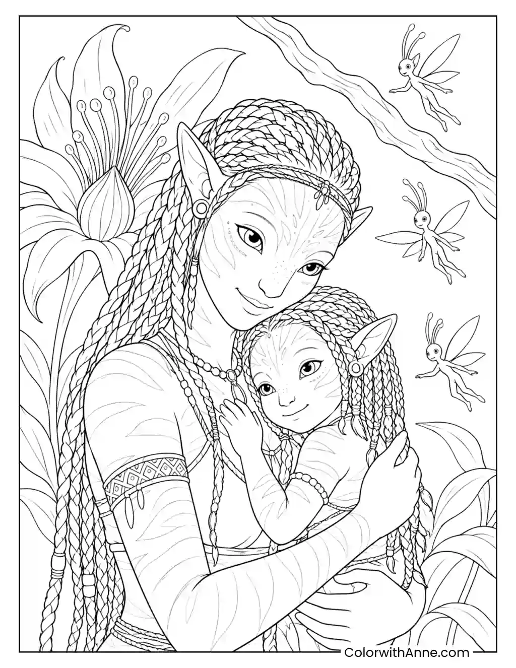 Neytiri and Tuk’s Protective Embrace coloring page