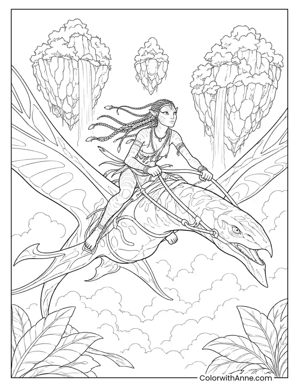Neytiri Soars Between Floating Mountains coloring page