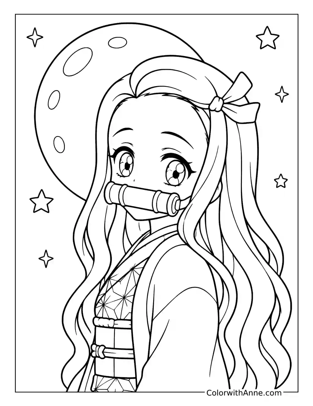 Nezuko Kamado beneath the Moon and Stars coloring page
