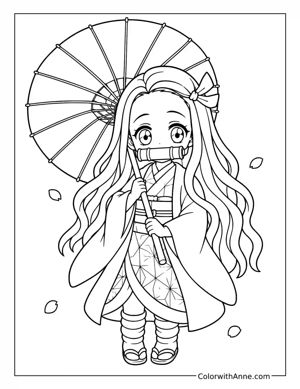 Nezuko Kamado Holding a Paper Parasol coloring page