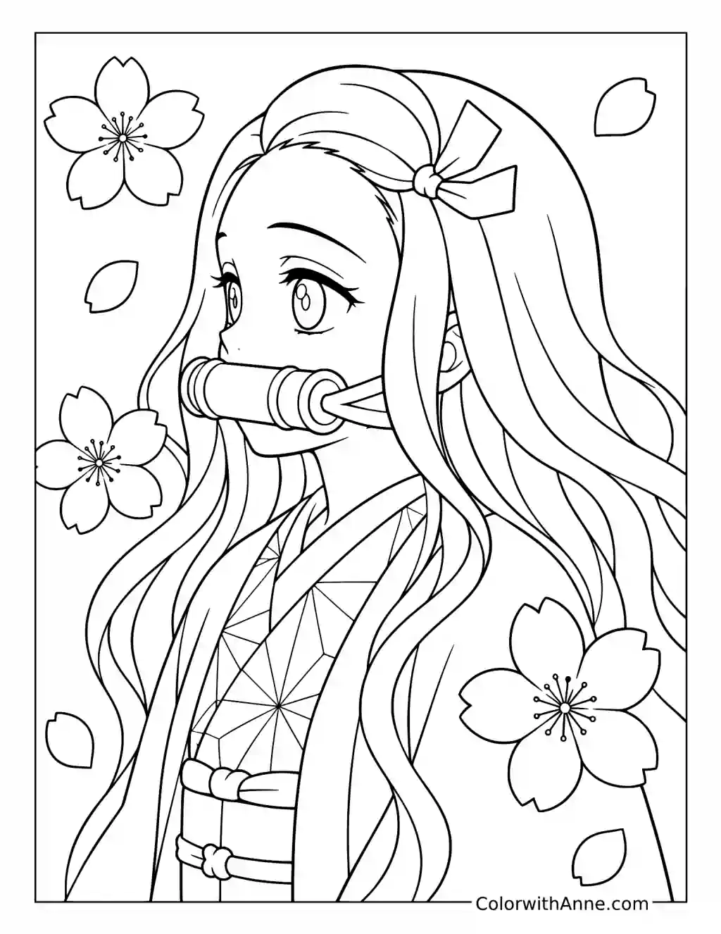 Nezuko Kamado in Profile with Cherry Blossoms coloring page