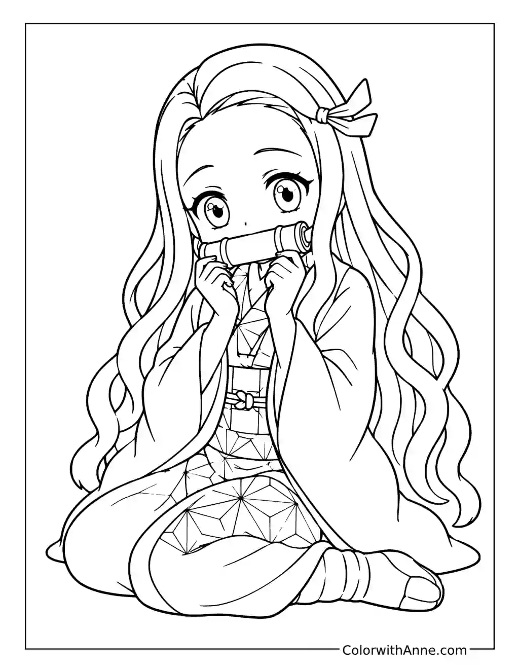Nezuko Kamado Kneeling with Her Hands near Her Face coloring page
