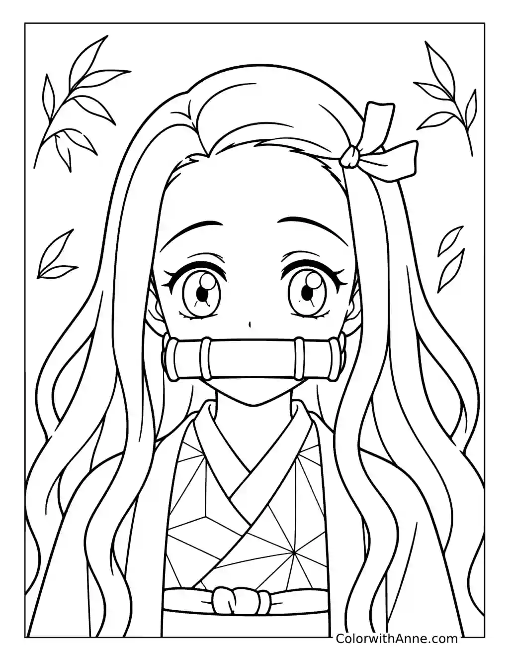 Nezuko Kamado Portrait with Bamboo Leaves coloring page