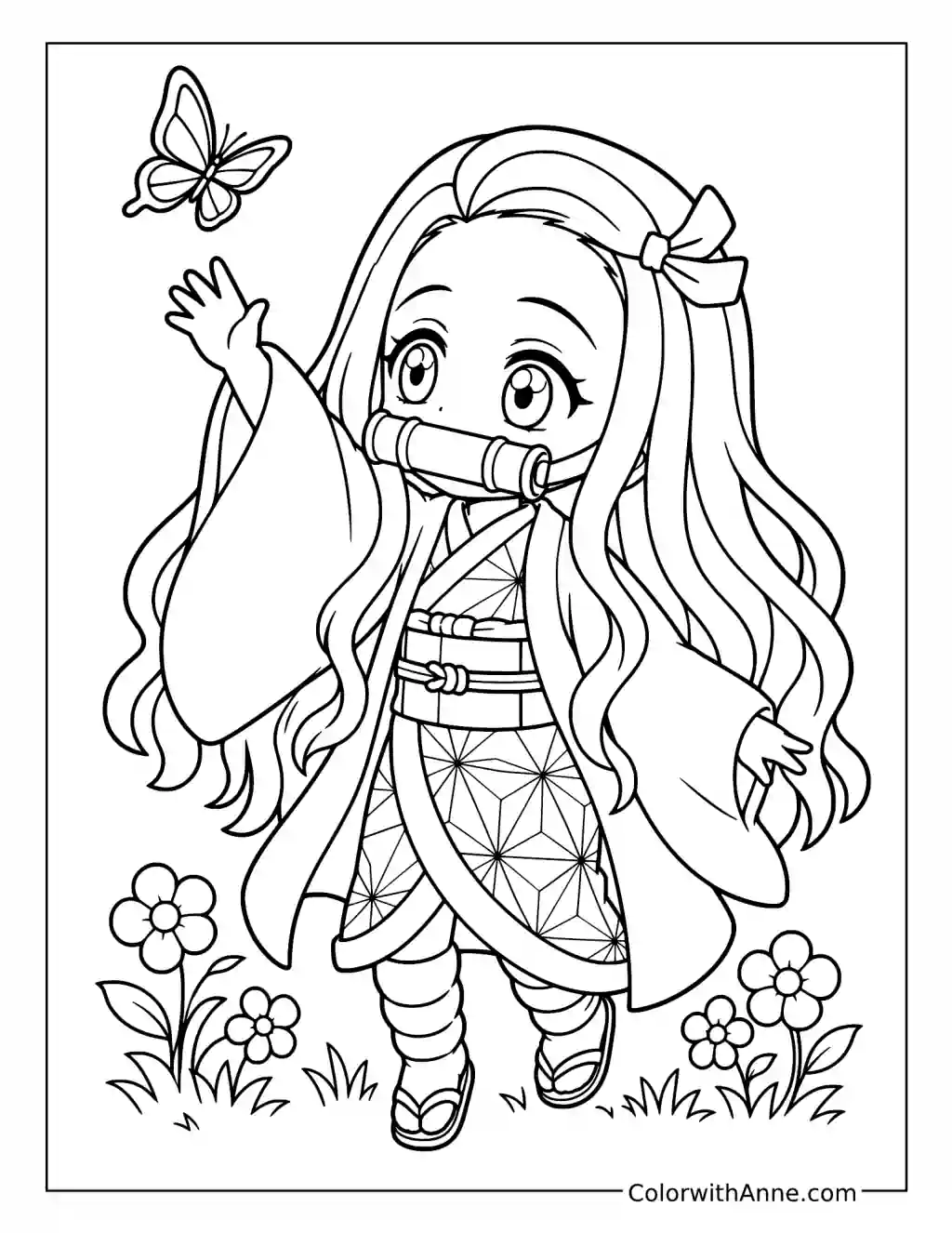 Nezuko Kamado Reaching toward a Butterfly coloring page