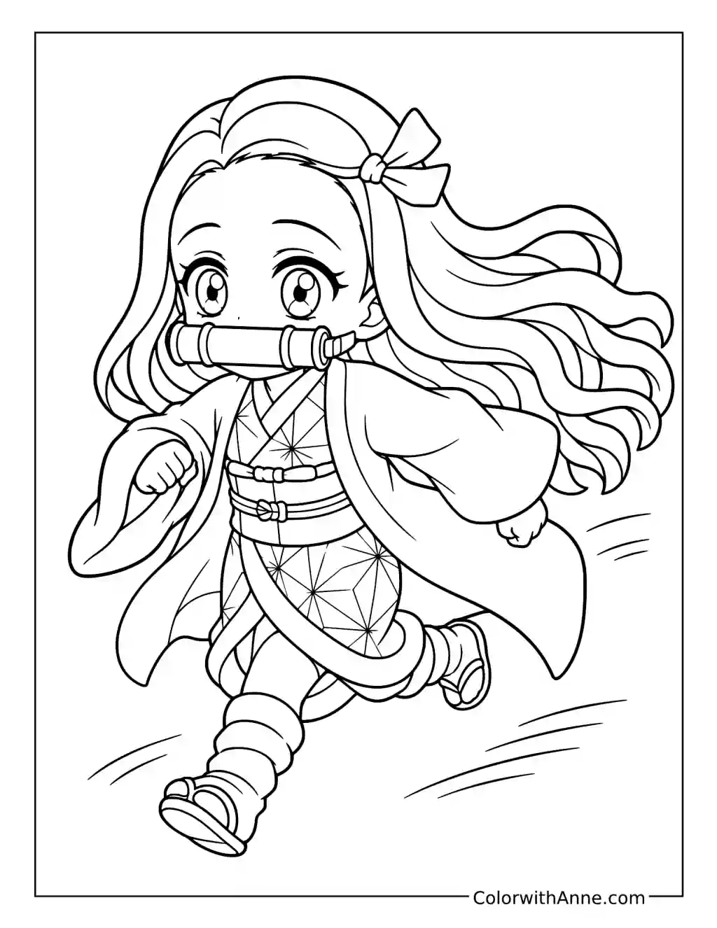 Nezuko Kamado Running with Her Hair Flowing coloring page