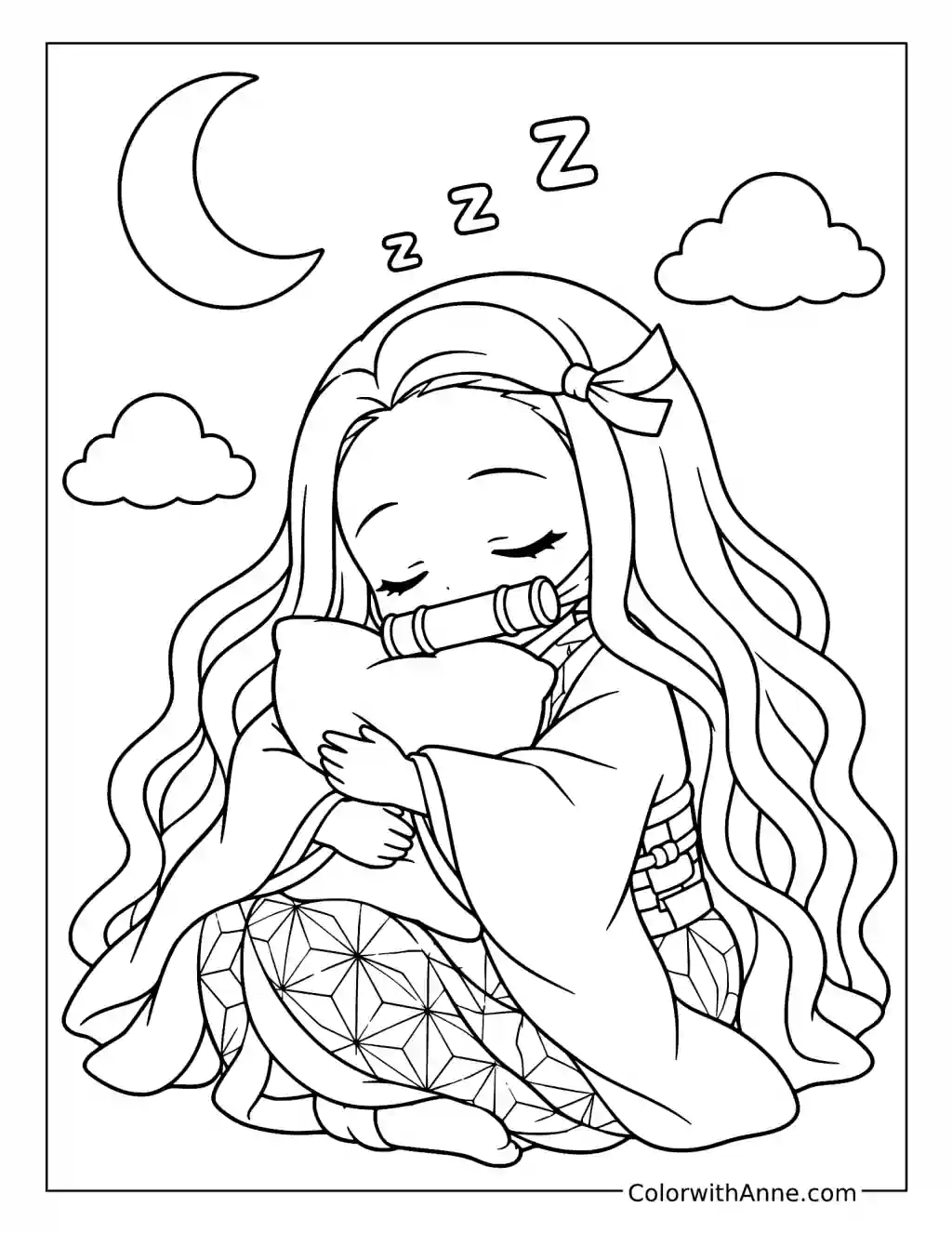 Nezuko Kamado Sleeping with a Pillow coloring page