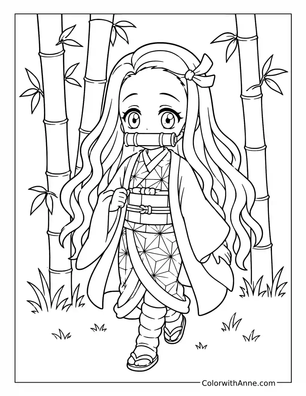 Nezuko Kamado Walking through Bamboo coloring page