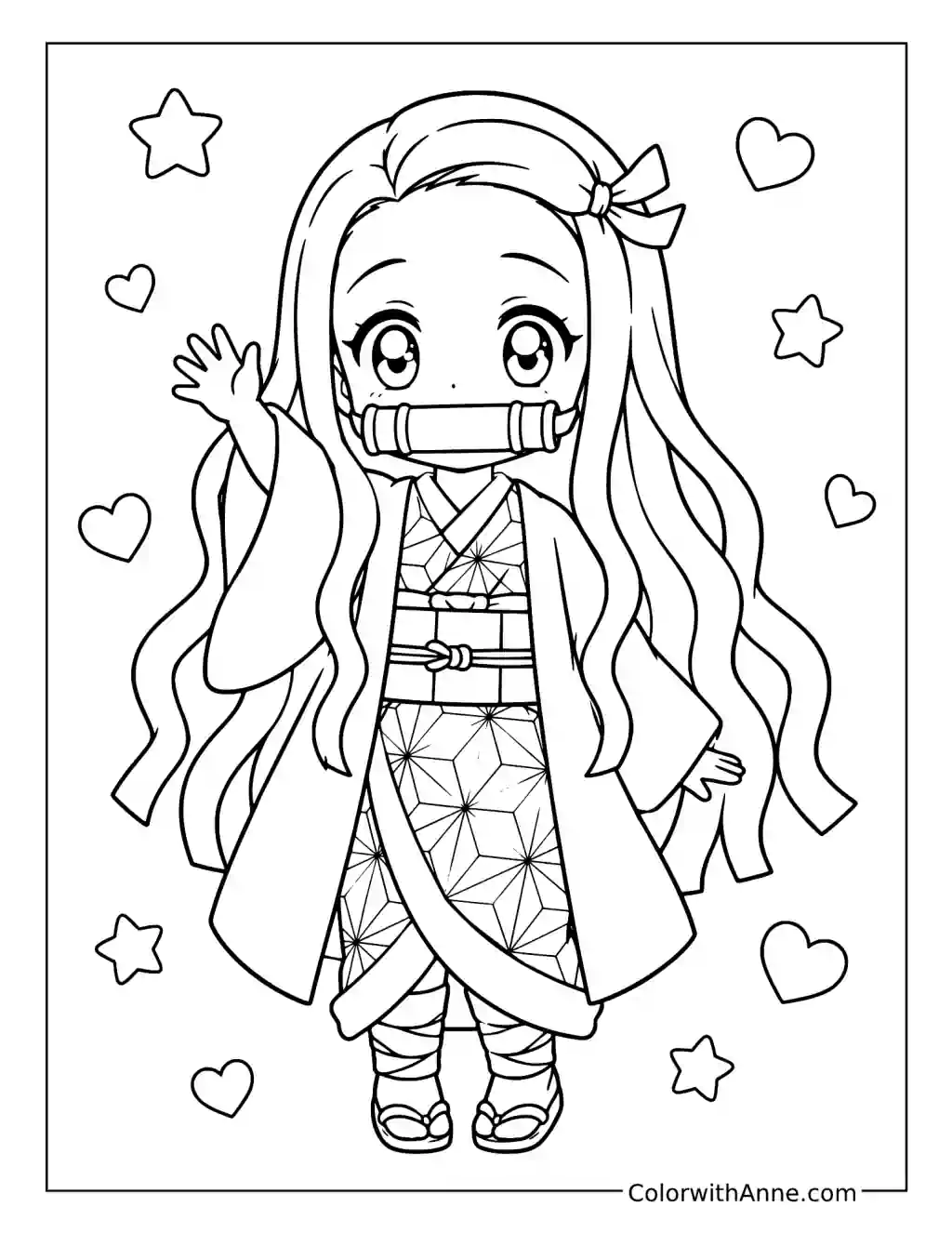 Nezuko Kamado Waving among Hearts and Stars coloring page