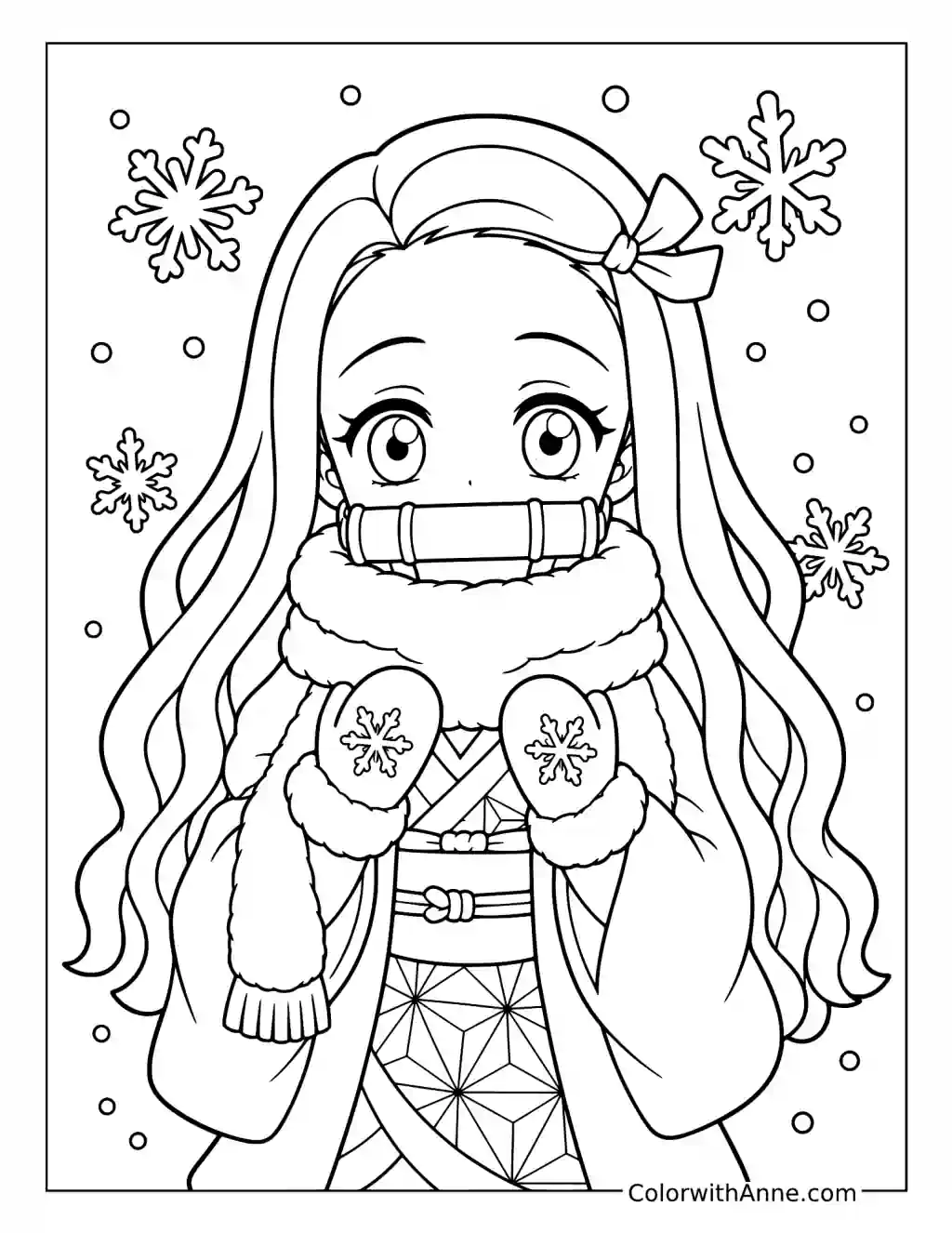 Nezuko Kamado Wearing a Winter Scarf and Mittens coloring page