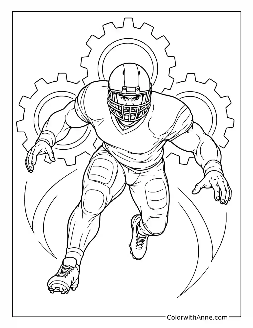 NFL Defender Charging Forward with Gear Motifs coloring page