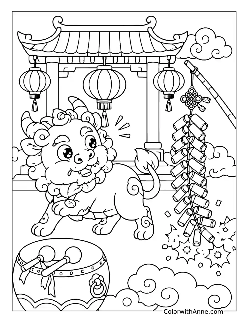 Nian Monster and Firecrackers coloring page