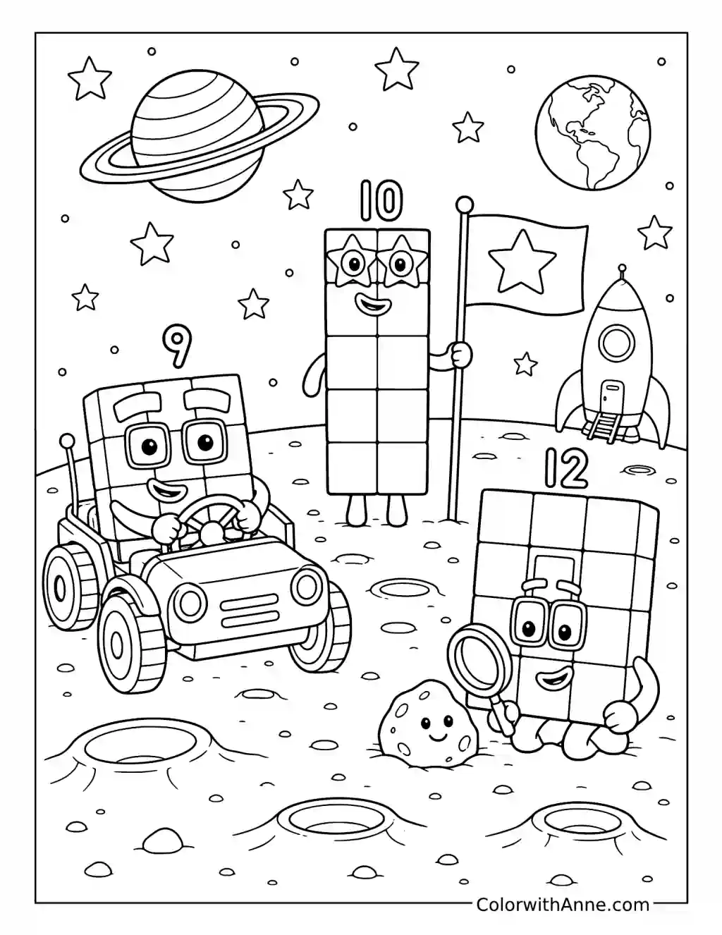Nine, Ten, and Twelve in Space coloring page