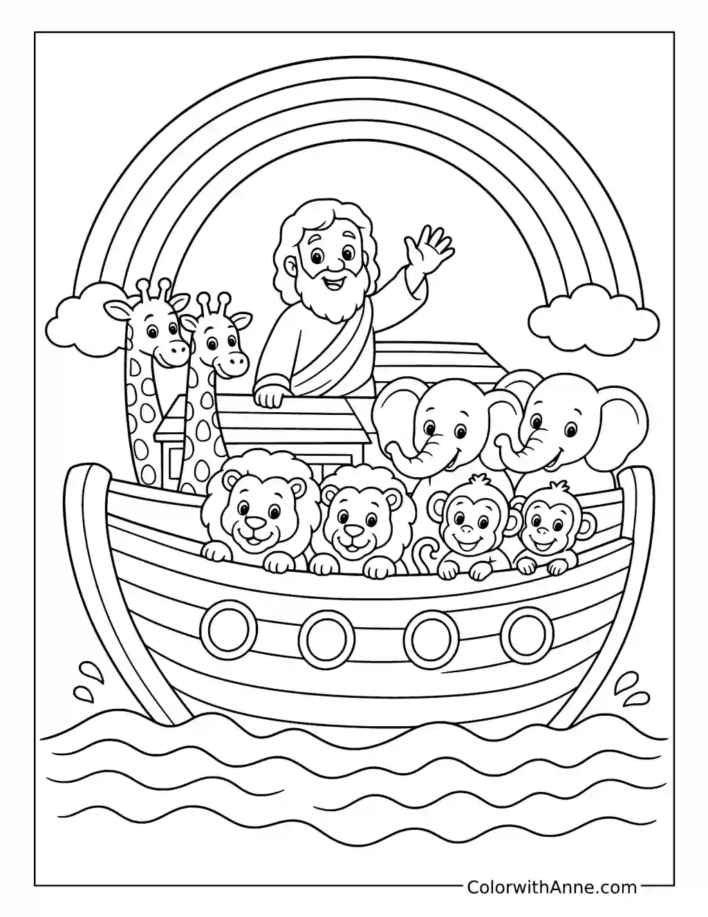 Noah and Animal Pairs Sailing Beneath a Rainbow coloring page