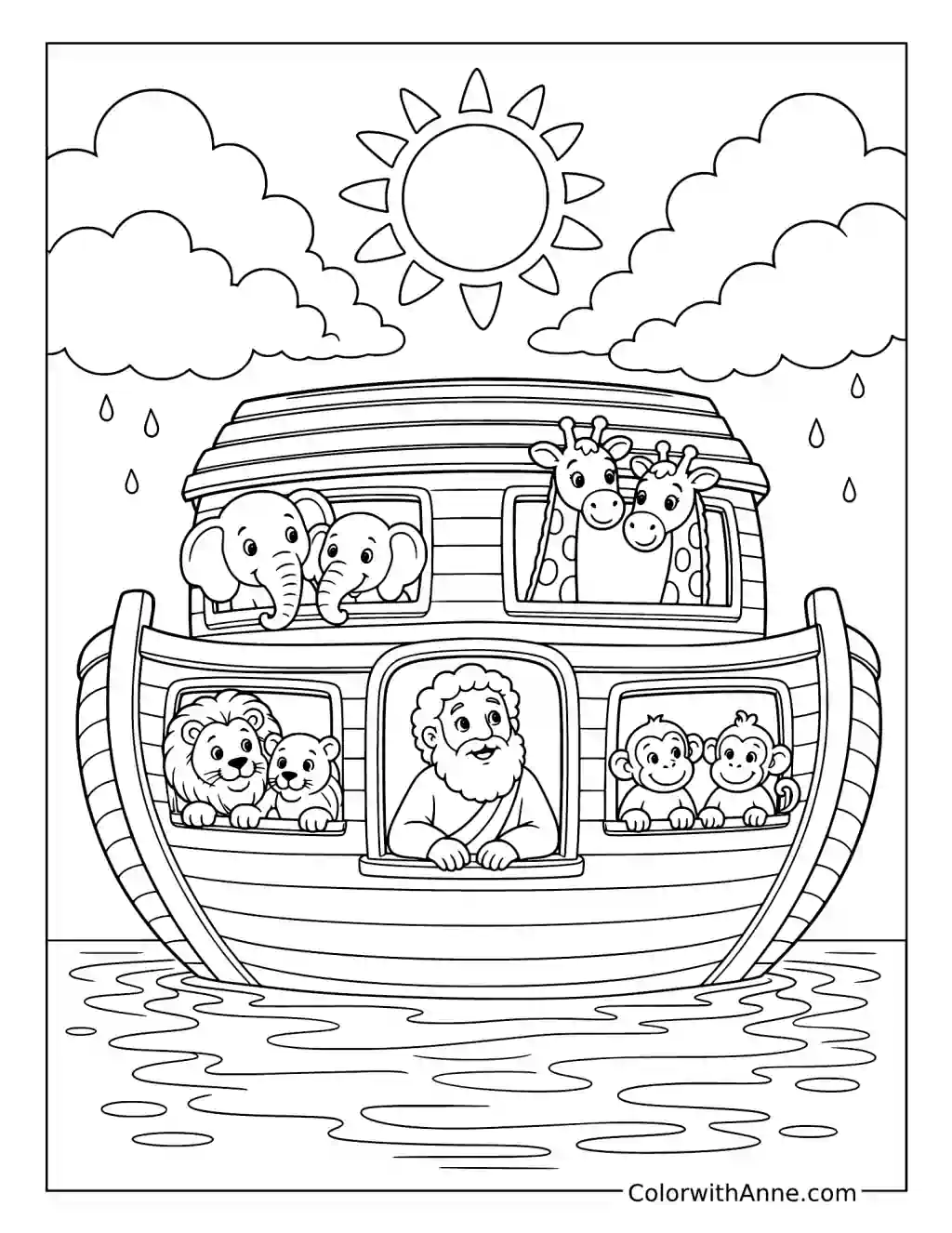 Noah and Animals Aboard the Ark as Sunshine Returns coloring page