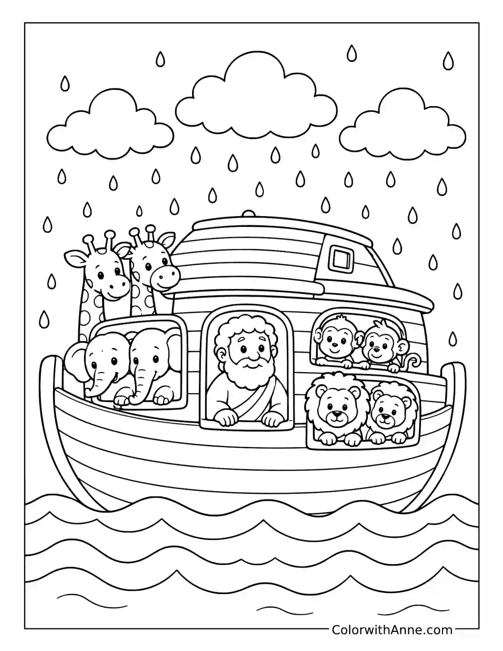 Noah and Animals Sheltering in the Ark During Rain coloring page