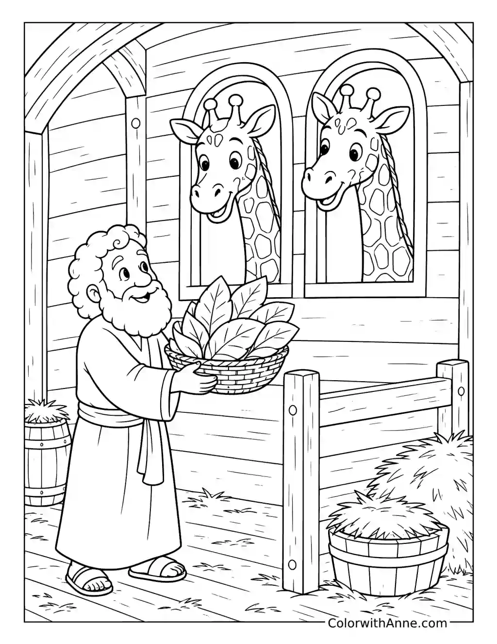 Noah Bringing Leaves to Giraffes Aboard the Ark coloring page