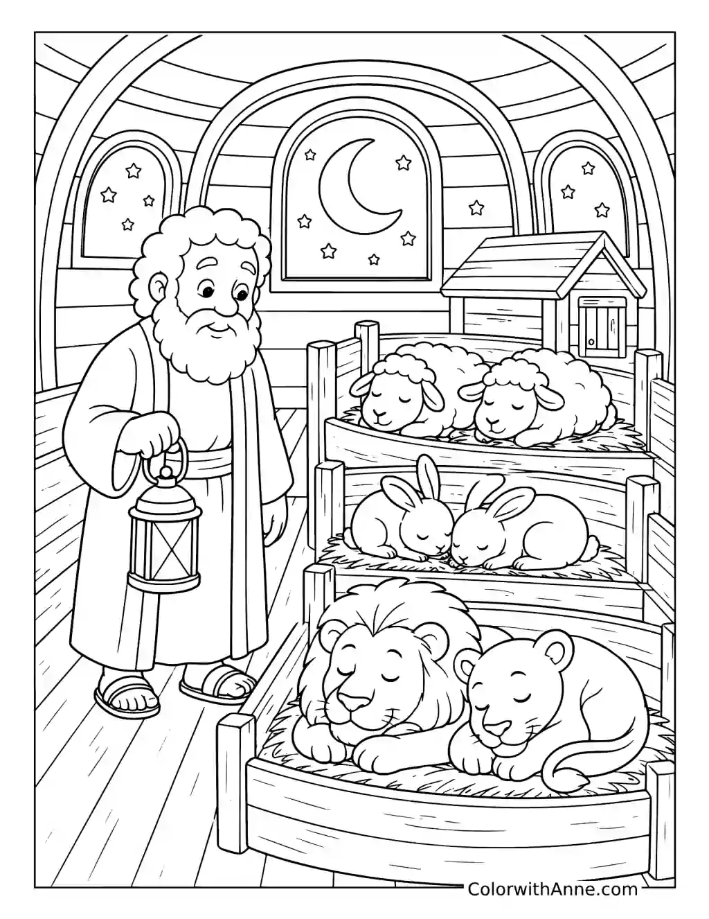 Noah Checking on Sleeping Animals by Lantern Light coloring page