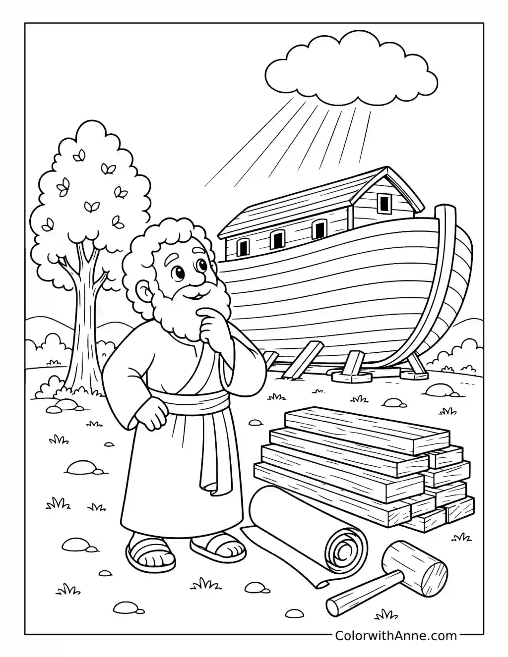 Noah Planning the Ark with Timber and a Scroll coloring page