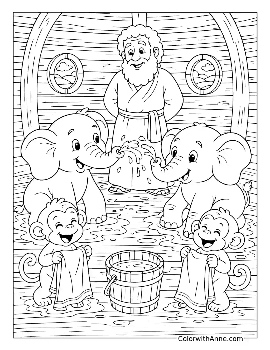 Noah Watching Elephants and Monkeys Wash Inside the Ark coloring page