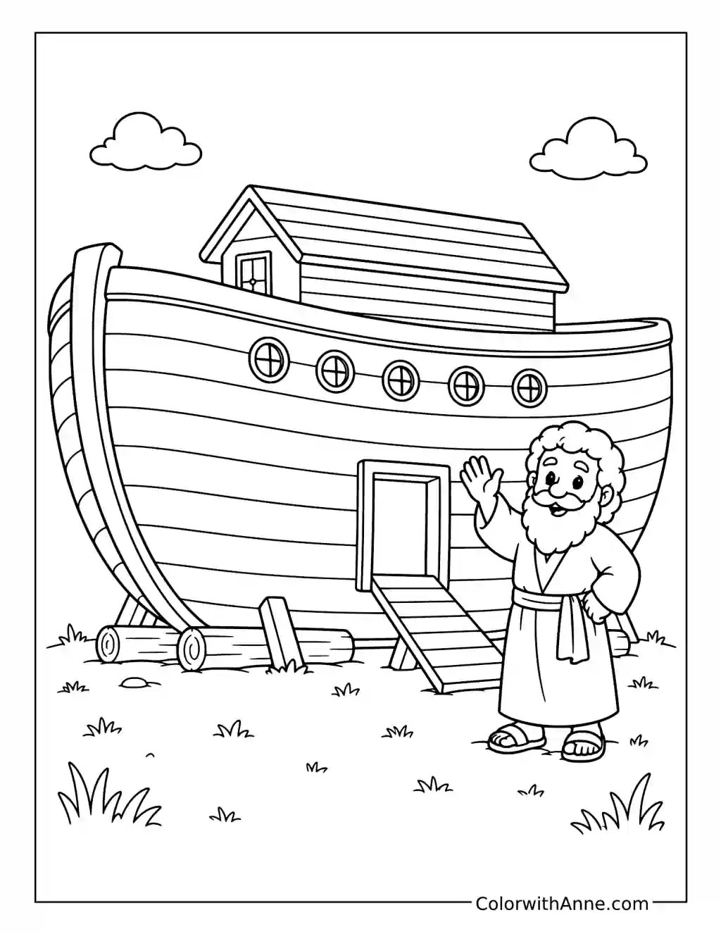 Noah Waving Beside the Completed Ark coloring page