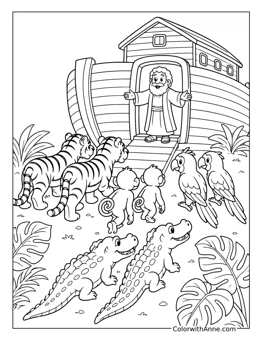 Noah Welcoming Animal Pairs Onto the Ark coloring page