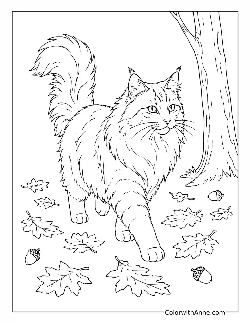 Norwegian Forest Cat Walking through Autumn Leaves coloring page