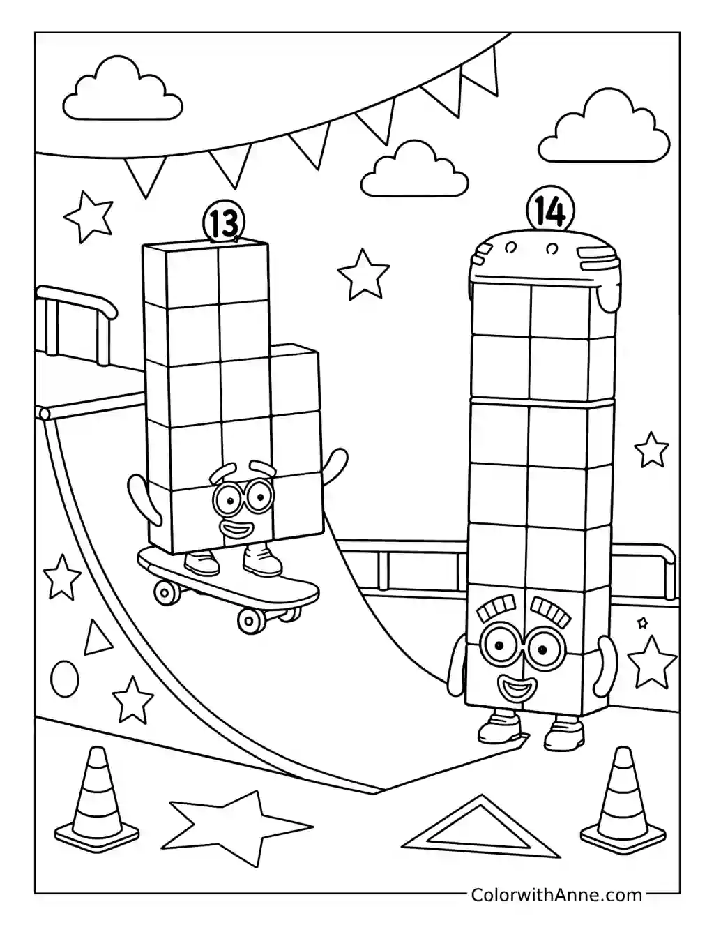 Numberblocks 13 and 14 Skatepark coloring page