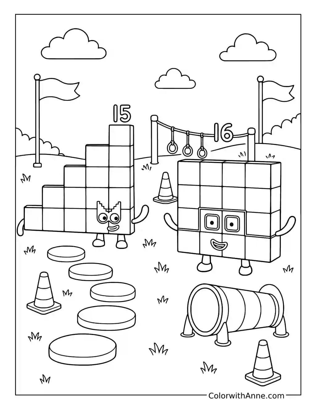 Numberblocks 15 and 16 Obstacle Adventure coloring page