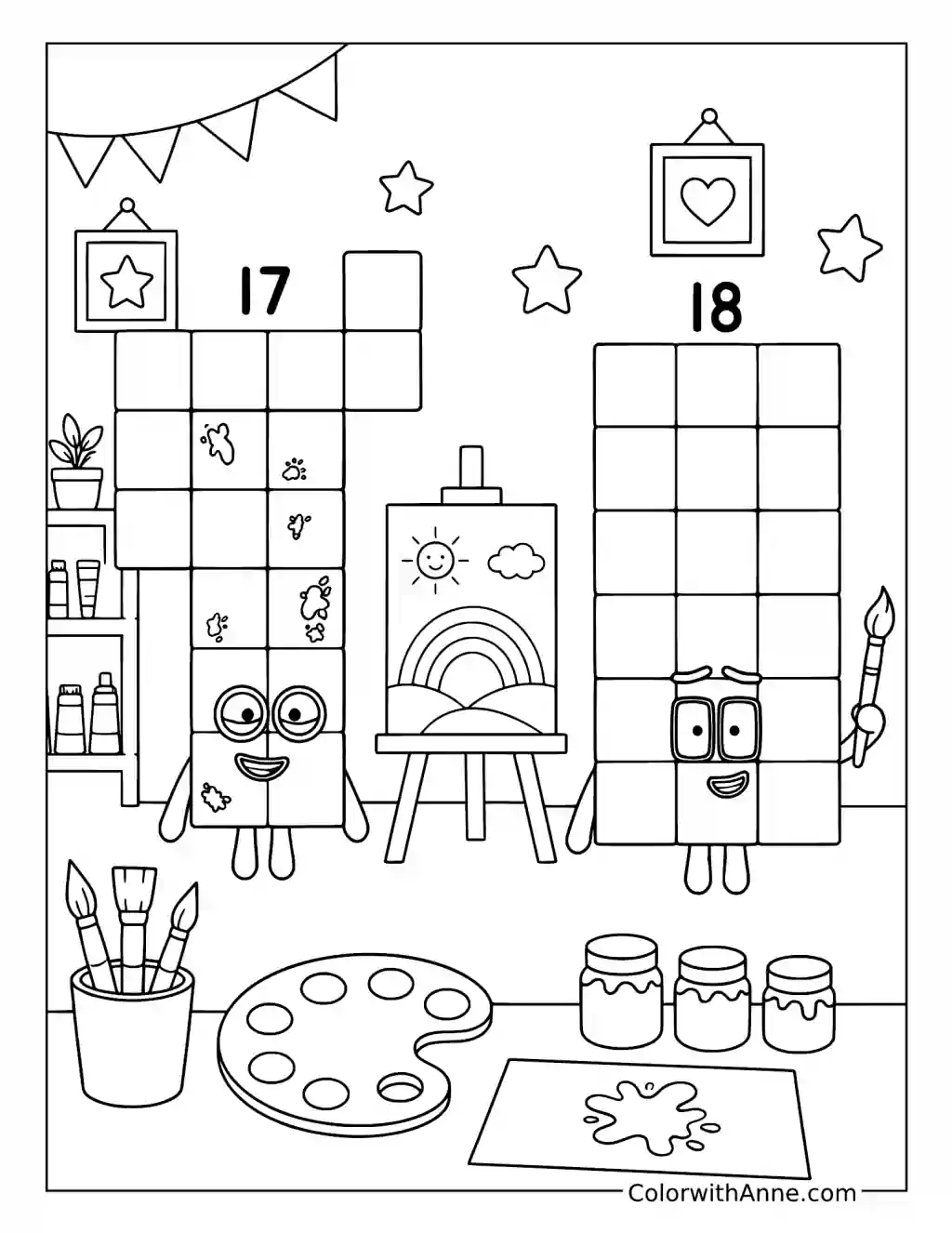 Numberblocks 17 and 18 Paint Together coloring page