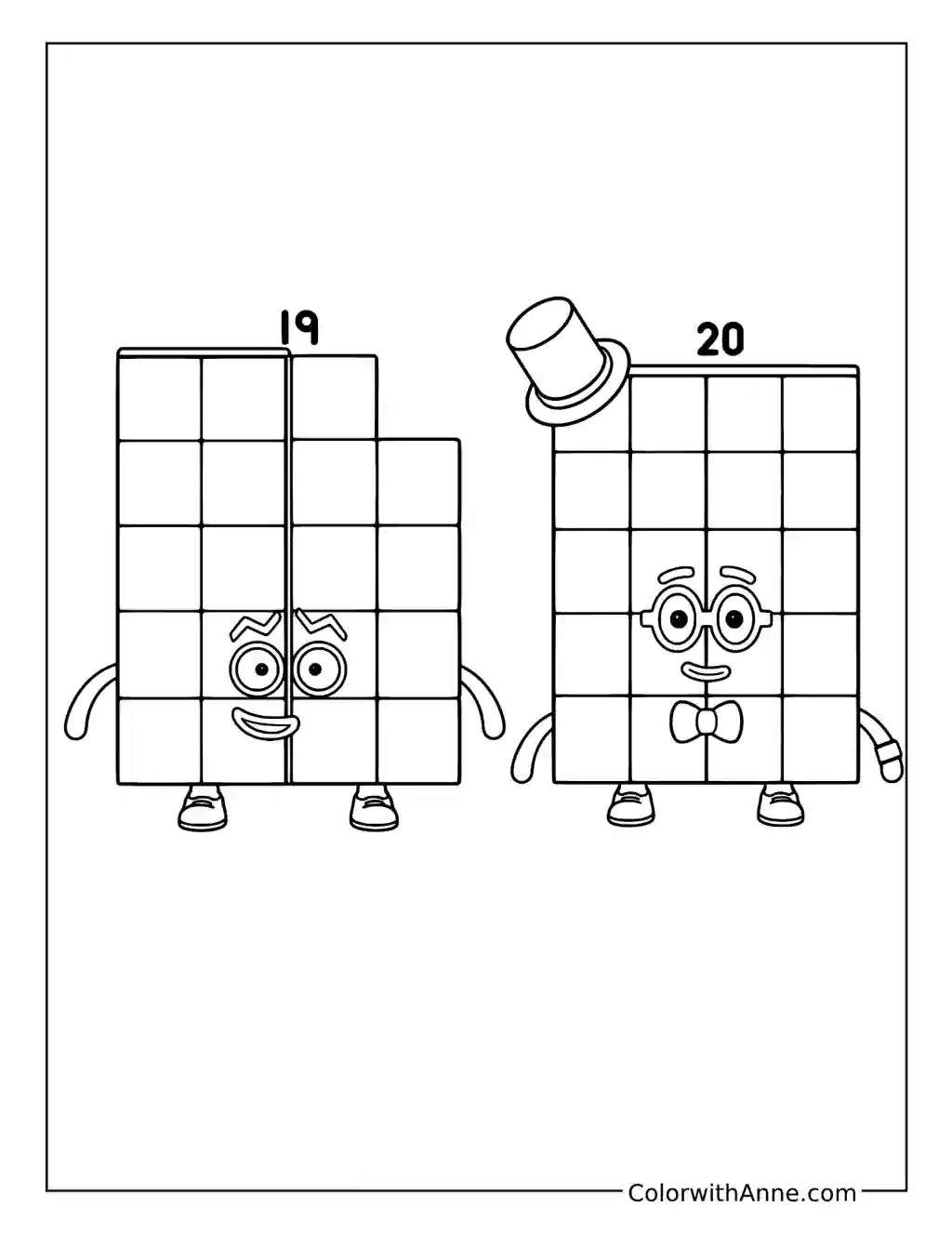 Numberblocks 19 and 20 coloring page