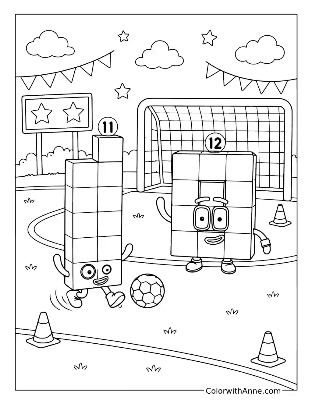 Numberblocks Eleven and Twelve Play Soccer coloring page