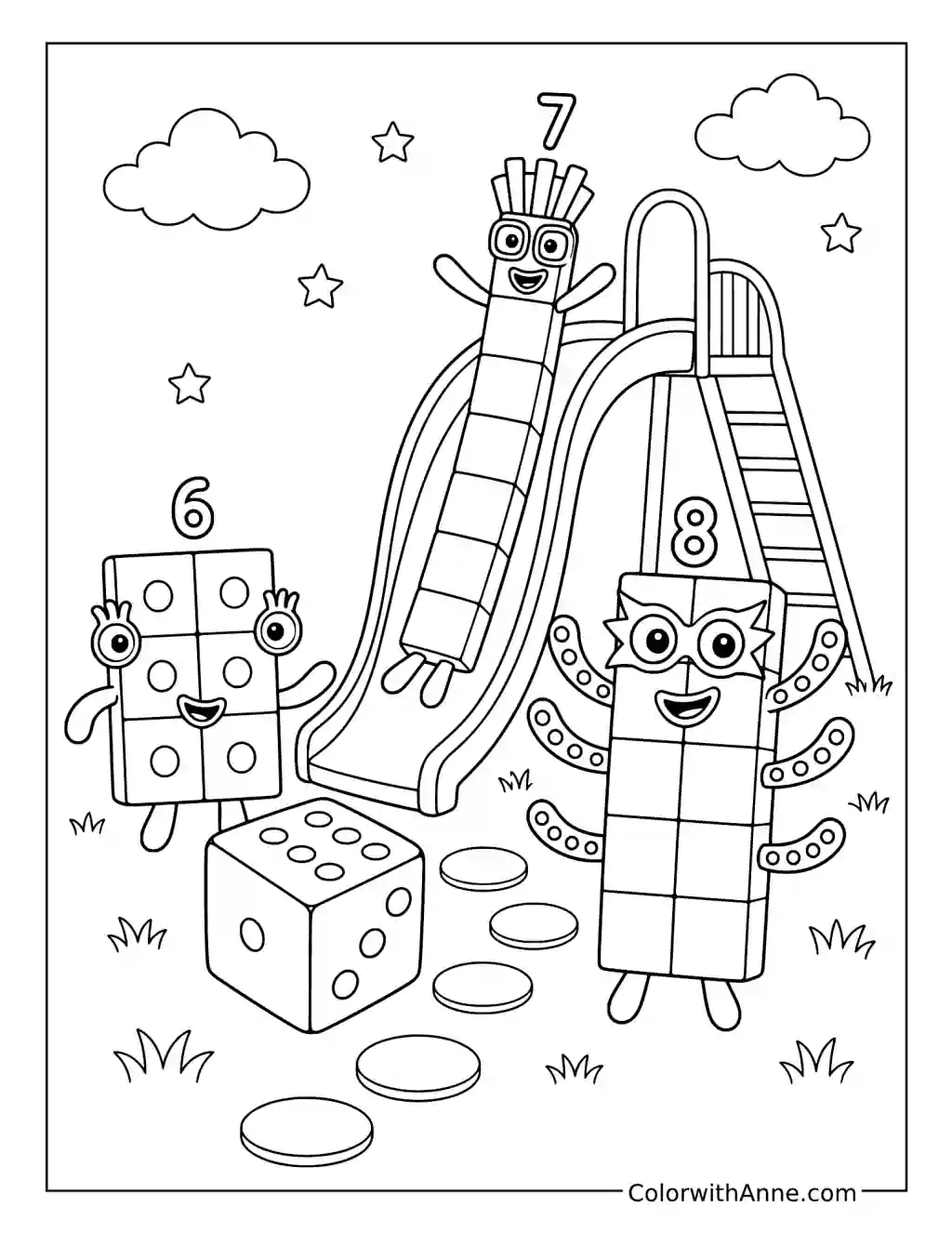 Numberblocks Six, Seven, and Eight at Play coloring page