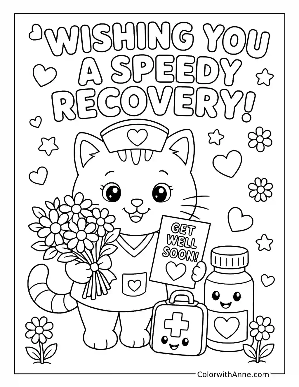Nurse Cat’s Get-Well Bouquet coloring page