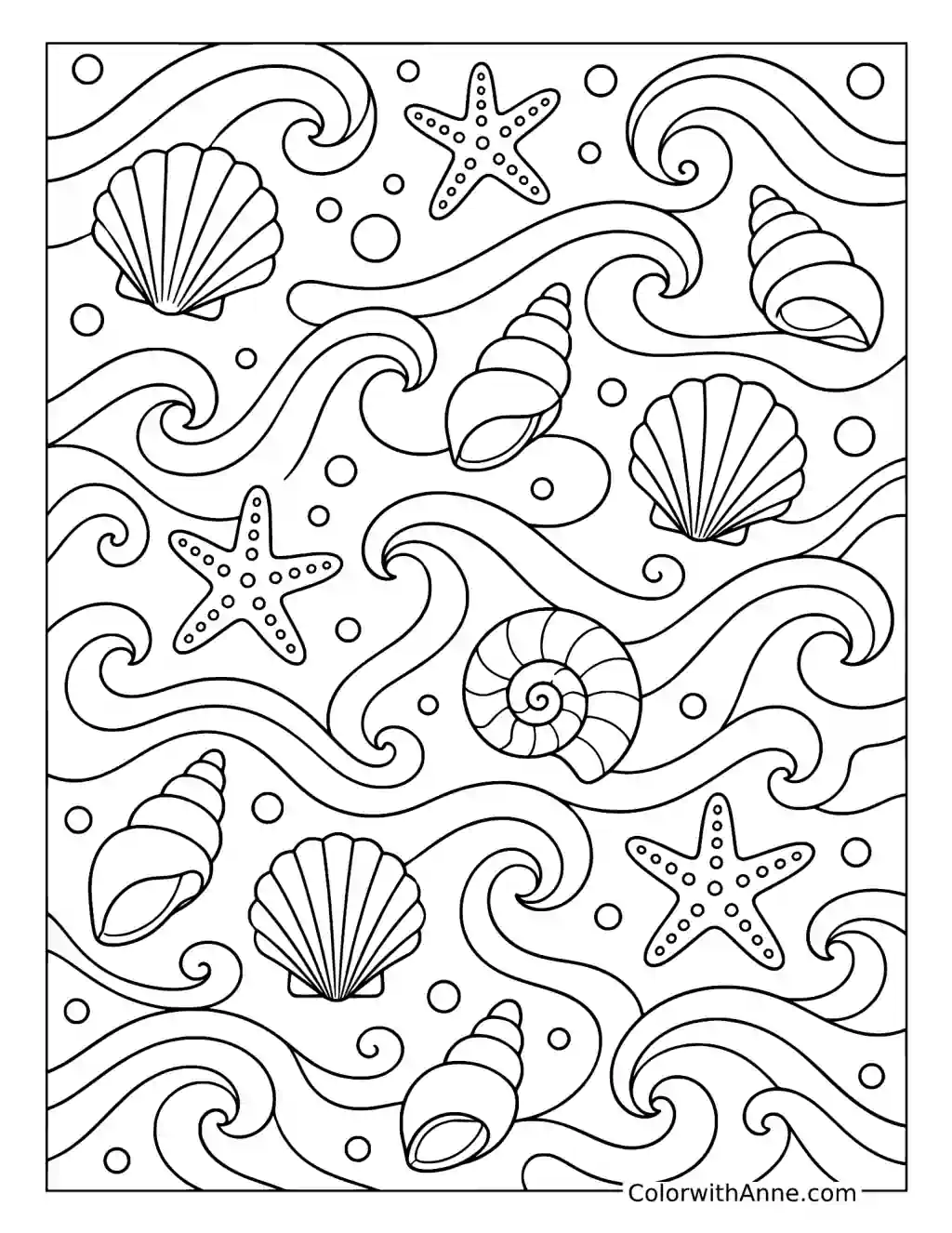 Ocean Waves and Shells Pattern coloring page