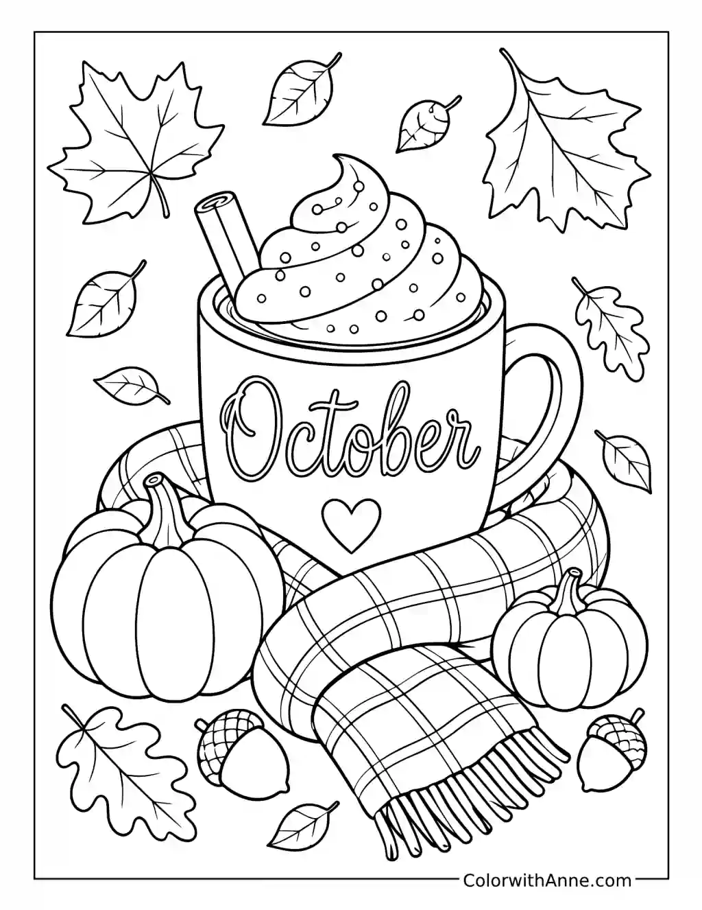 October Mug with Autumn Objects and Foliage coloring page