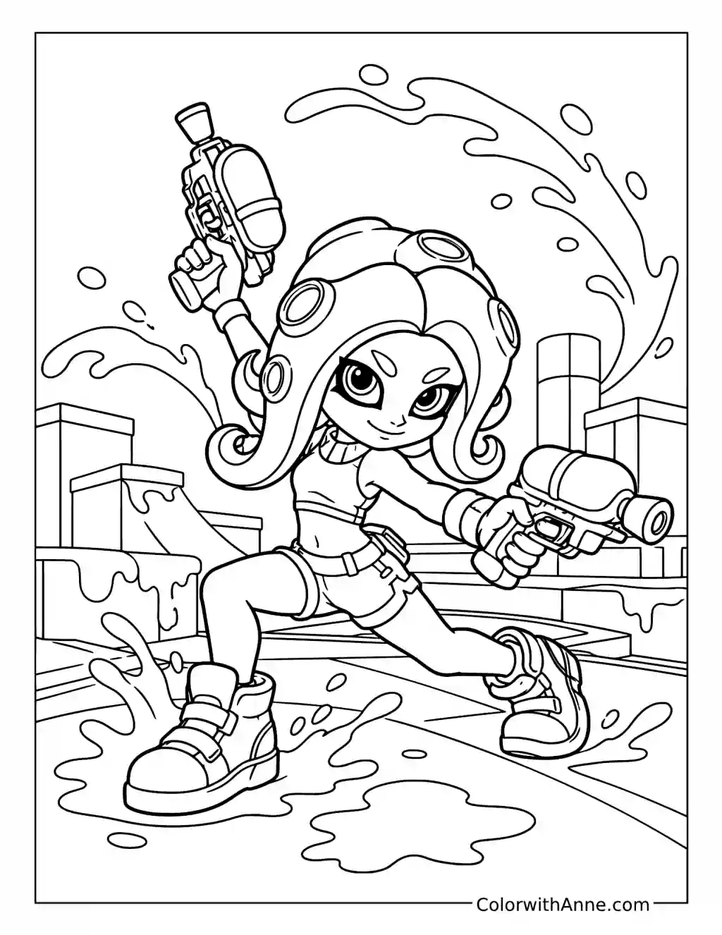 Octoling Girl with Dualies coloring page