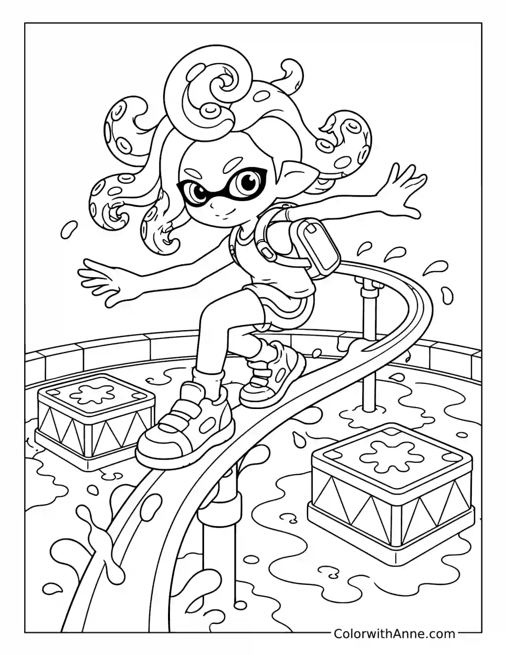 Octoling Gliding on an Ink Rail coloring page