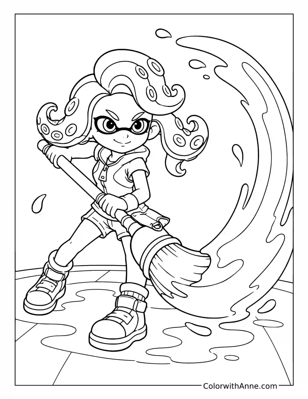 Octoling Swinging an Ink Brush coloring page