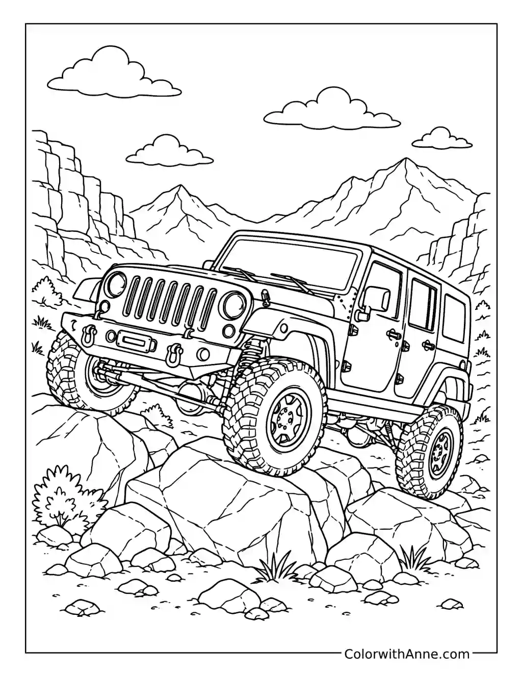 Off-Road Jeep Climbing Rocks coloring page