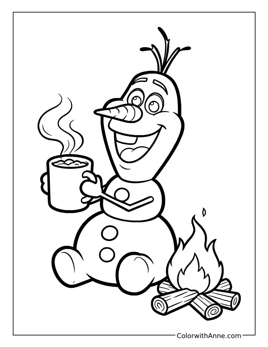 Olaf Drinking Hot Cocoa by a Campfire coloring page