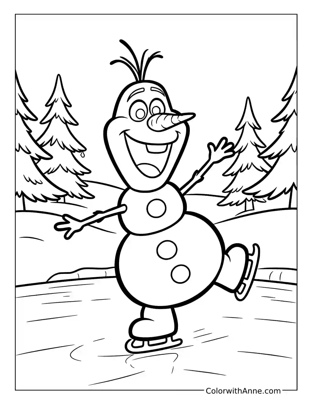 Olaf Ice Skating in a Winter Forest coloring page