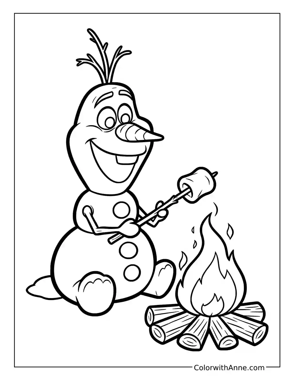 Olaf Roasting a Marshmallow by the Campfire coloring page