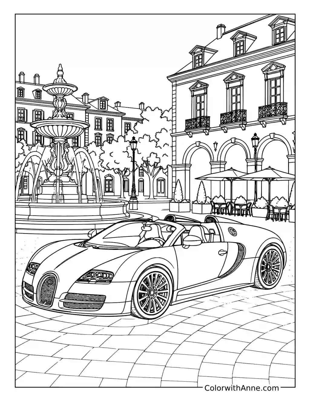 Open-Roof Bugatti by the Fountain coloring page
