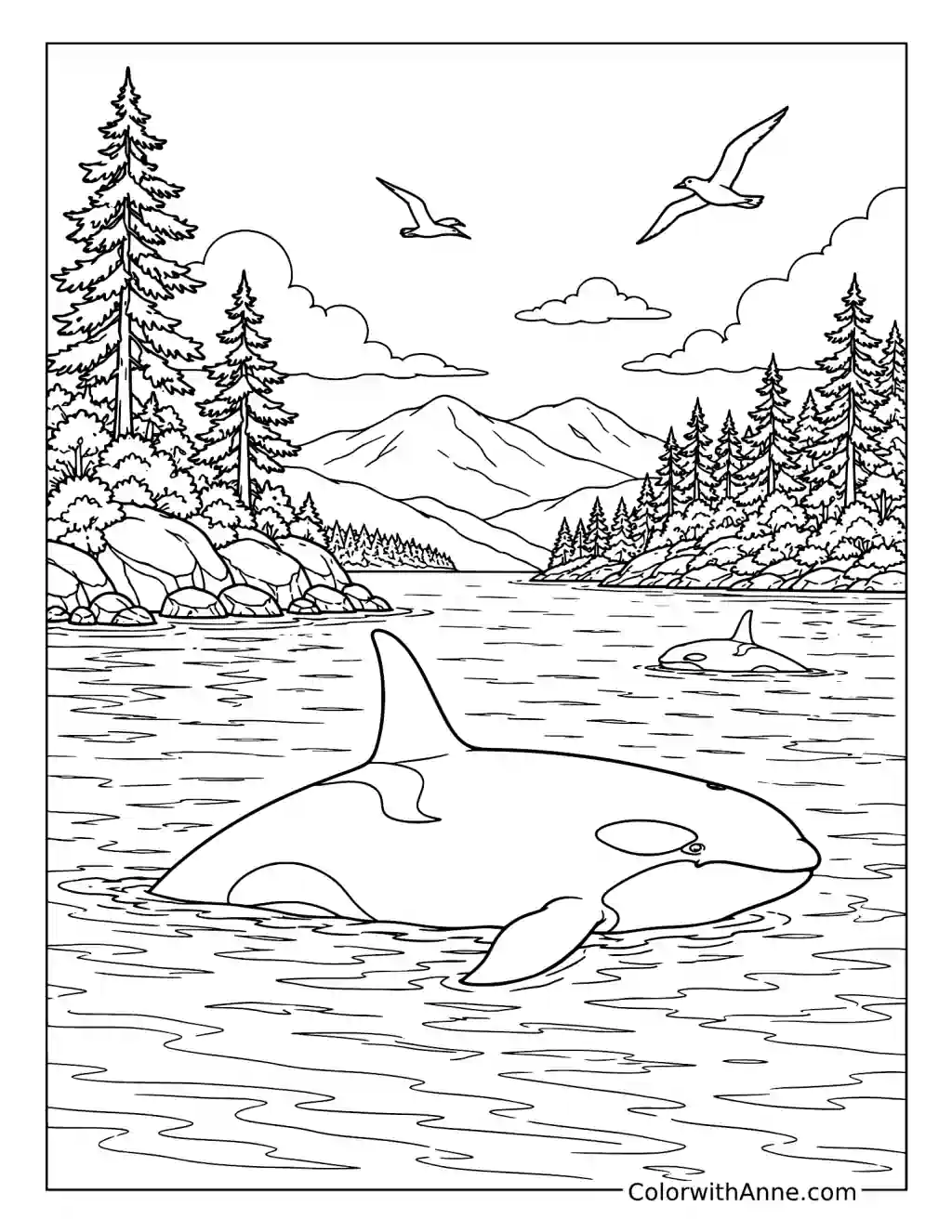 Orca Among Pacific Northwest Islands coloring page