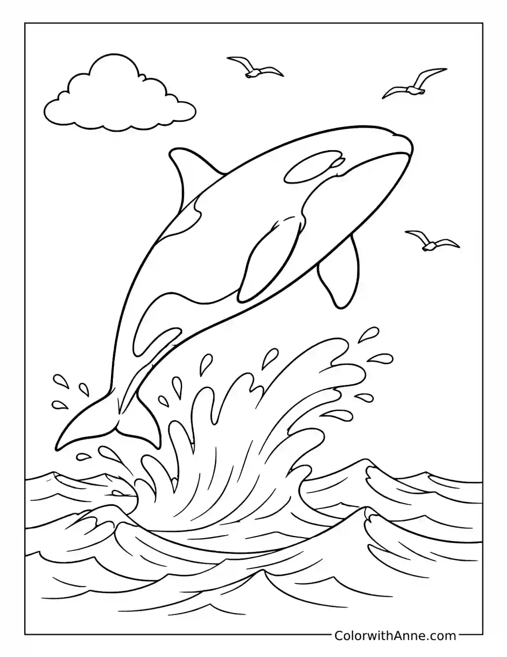 Orca Breaching Above Ocean Waves coloring page