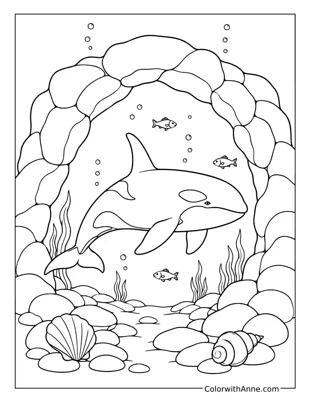 Orca Exploring an Underwater Arch coloring page