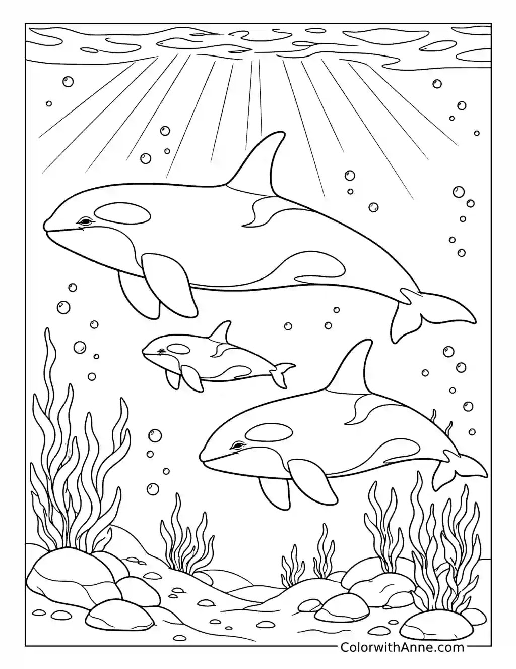Orca Family Swimming Together coloring page