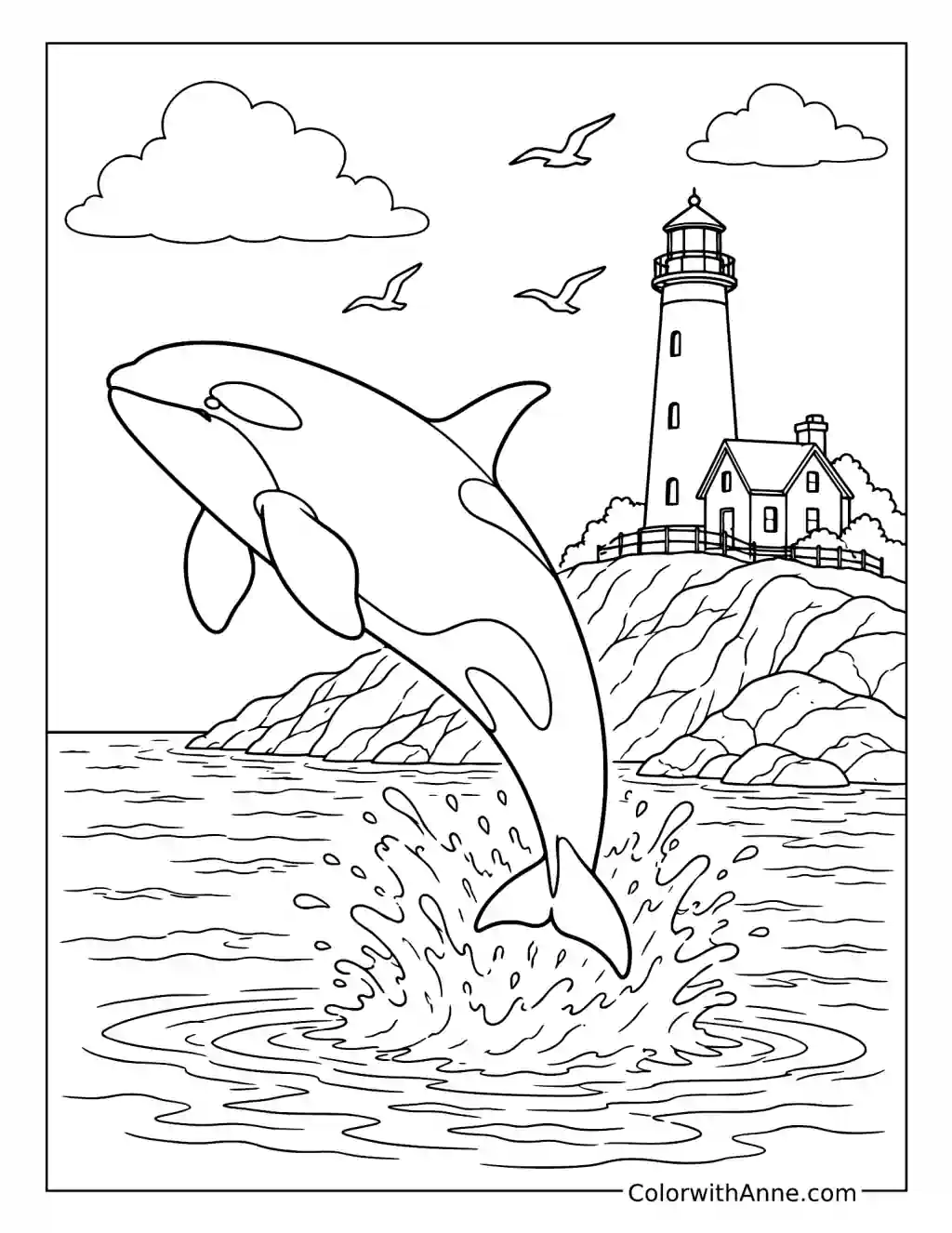 Orca Near a Rocky Lighthouse coloring page