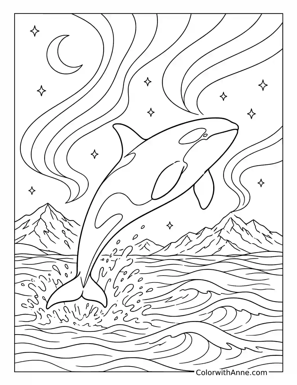 Orca Under the Northern Lights coloring page
